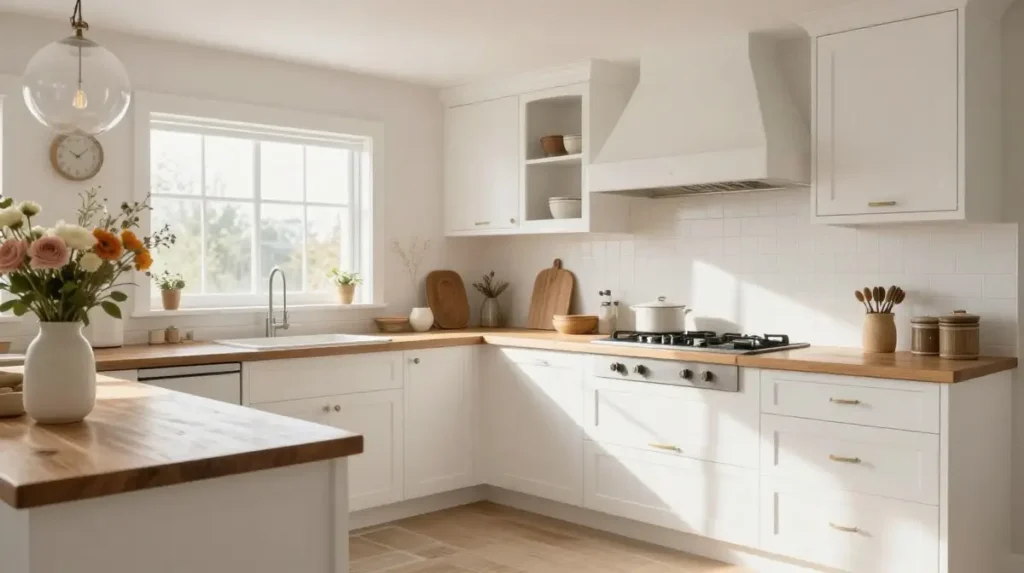White Farmhouse Kitchen with Natural Wood Accents