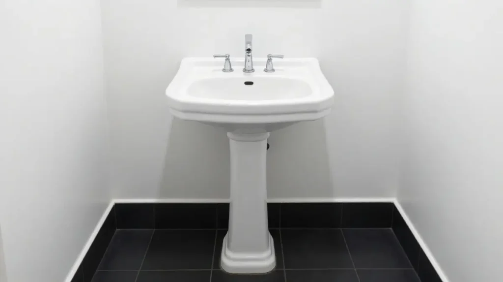 White Pedestal Sink with Black Floor