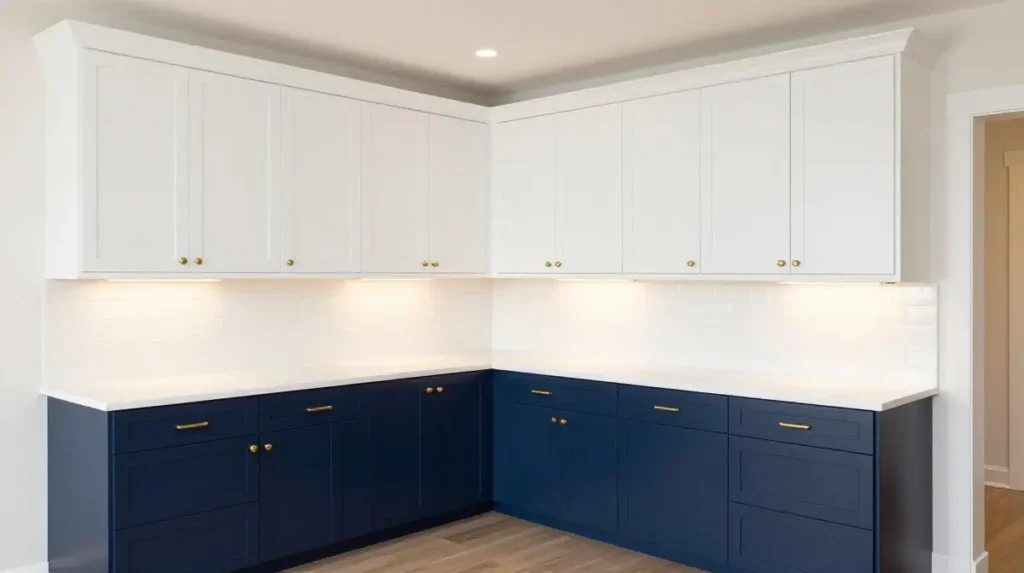 White Upper Cabinets With Navy Lower Cabinets