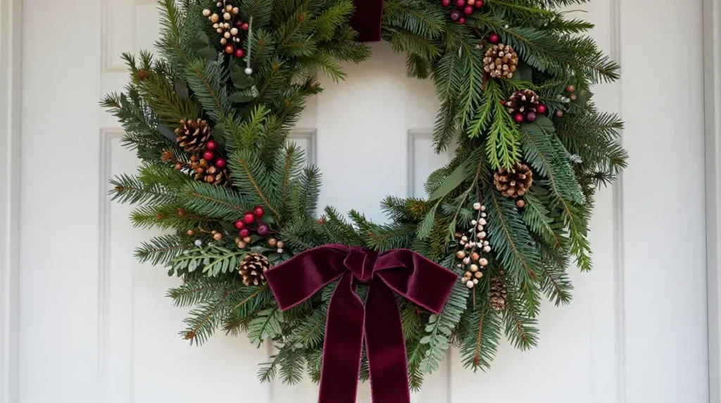 Winter Wreath with Velvet Ribbon and Berries