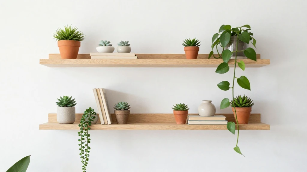 Floating Shelves Styled with Small Plants