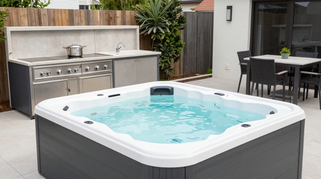 Jacuzzi Integrated Into Outdoor Kitchen Area